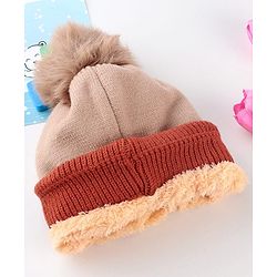 Babyhug Knit Woollen Cap With Teddy Bear Design Brown - Diameter 9 cm