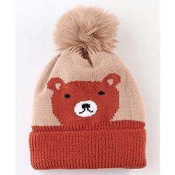 Babyhug Knit Woollen Cap With Teddy Bear Design Brown - Diameter 9 cm