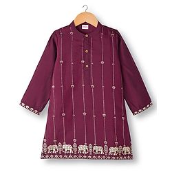 Babyhug Cotton Blend Full Sleeves Kurta Dhoti Set with Foil Floral & Elephant Print - Maroon