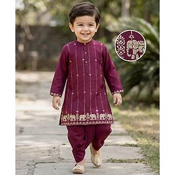 Babyhug Cotton Blend Full Sleeves Kurta Dhoti Set with Foil Floral & Elephant Print - Maroon