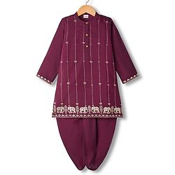 Babyhug Cotton Blend Full Sleeves Kurta Dhoti Set with Foil Floral & Elephant Print - Maroon