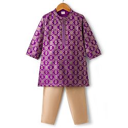 Babyhug Brocade Full Sleeves Kurta Pajama Set with Floral Embroidery - Purple