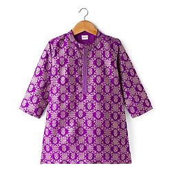 Babyhug Brocade Full Sleeves Kurta Pajama Set with Floral Embroidery - Purple