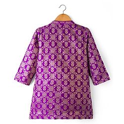 Babyhug Brocade Full Sleeves Kurta Pajama Set with Floral Embroidery - Purple