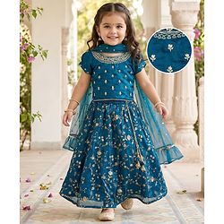 Babyhug Half Puffed Sleeves Choli Lehenga Set with Dupatta & Embroidery - Teal Blue