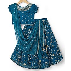 Babyhug Half Puffed Sleeves Choli Lehenga Set with Dupatta & Embroidery - Teal Blue