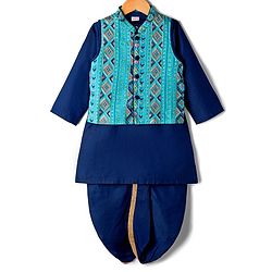 Babyhug Rayon Woven Full Sleeves Kurta Dhoti & Floral Printed Jacket Set - Blue