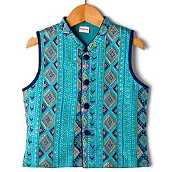 Babyhug Rayon Woven Full Sleeves Kurta Dhoti & Floral Printed Jacket Set - Blue