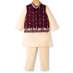 Babyhug Woven Full Sleeves Solid Kurta Payjama Set with Foil Floral & Elephant Printed Nehru Jacket - Maroon