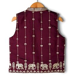 Babyhug Woven Full Sleeves Solid Kurta Payjama Set with Foil Floral & Elephant Printed Nehru Jacket - Maroon