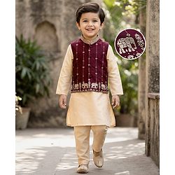 Babyhug Woven Full Sleeves Solid Kurta Payjama Set with Foil Floral & Elephant Printed Nehru Jacket - Maroon