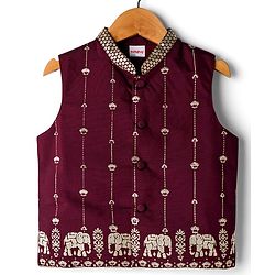 Babyhug Woven Full Sleeves Solid Kurta Payjama Set with Foil Floral & Elephant Printed Nehru Jacket - Maroon
