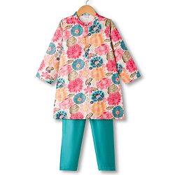 Babyhug Rayon Woven Full Sleeves Kurta Pajama Set With Floral Print - Multicolour
