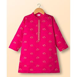 Babyhug Chanderi Woven Full Sleeves Kurta Pajama Set With Animal Embroidery & Sequin Detailing - Fuschia