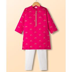 Babyhug Chanderi Woven Full Sleeves Kurta Pajama Set With Animal Embroidery & Sequin Detailing - Fuschia