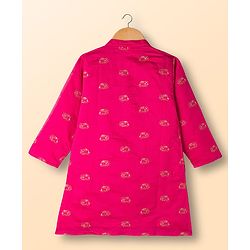 Babyhug Chanderi Woven Full Sleeves Kurta Pajama Set With Animal Embroidery & Sequin Detailing - Fuschia