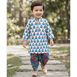 Babyhug Cambric Full Sleeves Floral Printed Kurta Dhoti Set - White