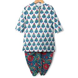 Babyhug Cambric Full Sleeves Floral Printed Kurta Dhoti Set - White