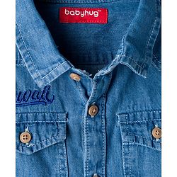 Babyhug Cotton Woven Half Sleeves Denim Washed Shirt With Text Embriodery - Blue