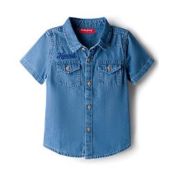 Babyhug Cotton Woven Half Sleeves Denim Washed Shirt With Text Embriodery - Blue