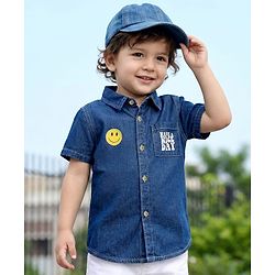 Babyhug Cotton Woven Half Sleeves Washed Shirt With Text Print - Blue