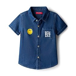 Babyhug Cotton Woven Half Sleeves Washed Shirt With Text Print - Blue