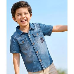 Babyhug Denim Woven Half Sleeve Washed Shirt With Text Embroidery - Blue