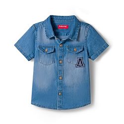 Babyhug Denim Woven Half Sleeve Washed Shirt With Text Embroidery - Blue