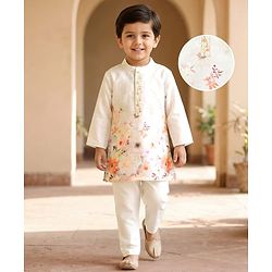 Babyhug Lurex Dobby Woven Full Sleeves Kurta Pajam Set Floral Print - Beige