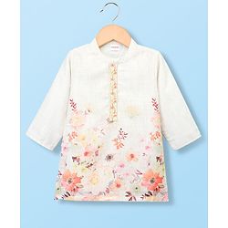 Babyhug Lurex Dobby Woven Full Sleeves Kurta Pajam Set Floral Print - Beige