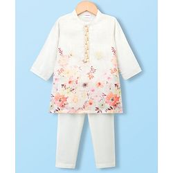 Babyhug Lurex Dobby Woven Full Sleeves Kurta Pajam Set Floral Print - Beige
