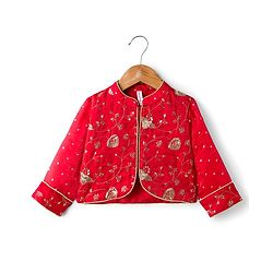 Babyhug Silk Woven Three Fourth Sleeves Choli Lehenga & Dupatta Set With Sequin Detailing & Floral Embroidery - Red