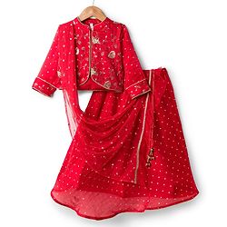 Babyhug Silk Woven Three Fourth Sleeves Choli Lehenga & Dupatta Set With Sequin Detailing & Floral Embroidery - Red