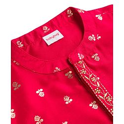 Babyhug Brocade Full Sleeves Foil Printed Kurta Dhoti Set with Lace Detailing - Red