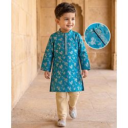 Babyhug Brocade Woven Full Sleeves Kurta Pyjama Set With Foil Floral Print - Teal Blue
