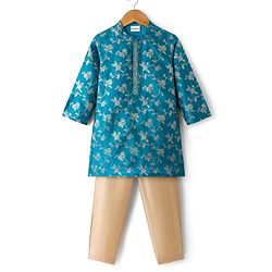 Babyhug Brocade Woven Full Sleeves Kurta Pyjama Set With Foil Floral Print - Teal Blue