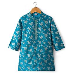 Babyhug Brocade Woven Full Sleeves Kurta Pyjama Set With Foil Floral Print - Teal Blue