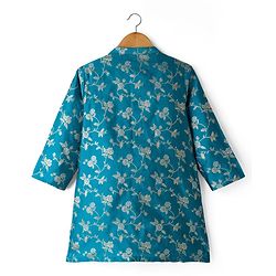 Babyhug Brocade Woven Full Sleeves Kurta Pyjama Set With Foil Floral Print - Teal Blue