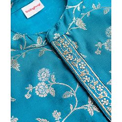 Babyhug Brocade Woven Full Sleeves Kurta Pyjama Set With Foil Floral Print - Teal Blue