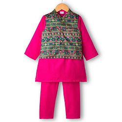 Babyhug Cambric Full Sleeves Kurta Pajama Set with Jacket & Floral Print - Fuchsia
