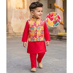 Babyhug 100% Cotton Cambric Full Sleeves Kurta Pajama Set with Jacket Embroidery & Sequin Detailing - Red