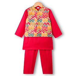Babyhug 100% Cotton Cambric Full Sleeves Kurta Pajama Set with Jacket Embroidery & Sequin Detailing - Red