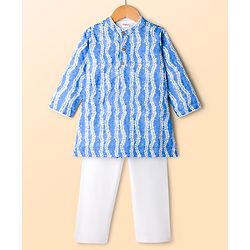 Babyhug Woven Full Sleeves Kurta Pajama Set with Hakkoba Embroidery & Sequin Detailing - Blue