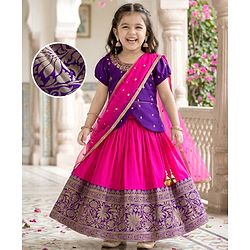 Babyhug Brocade Woven Half Puffed Sleeves Pattu Pavda Lehenga Set with Dupatta & Embroidery - Purple & Fuchsia