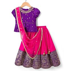 Babyhug Brocade Woven Half Puffed Sleeves Pattu Pavda Lehenga Set with Dupatta & Embroidery - Purple & Fuchsia