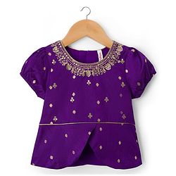 Babyhug Brocade Woven Half Puffed Sleeves Pattu Pavda Lehenga Set with Dupatta & Embroidery - Purple & Fuchsia