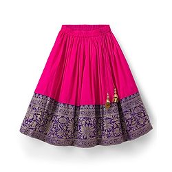 Babyhug Brocade Woven Half Puffed Sleeves Pattu Pavda Lehenga Set with Dupatta & Embroidery - Purple & Fuchsia