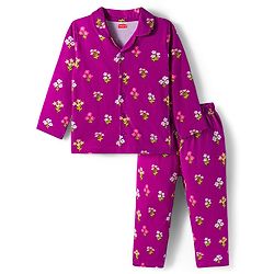 Babyhug Cotton Knit Full Sleeves Co-ords Night Suit With Floral Print - Purple