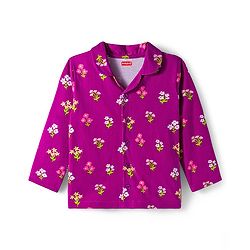 Babyhug Cotton Knit Full Sleeves Co-ords Night Suit With Floral Print - Purple