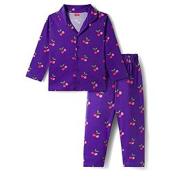 Babyhug Cotton Knit Full Sleeves Co-ords Night Suit With Tropical Theme Print - Violet
